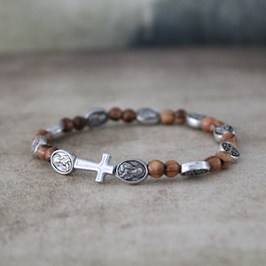 Get Two Handmade Olive Wood Beads Bracelet, Icons of Jerusalem Cross and St. Mary With Baby Jesus, Made in the Holy Land Jerusalem