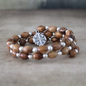 Get Two Beautiful Olive Wood Beads Bracelet With Silver Color Smaller Beads and Jerusalem Cross Icon, Made in the Holy Land Jerusalem