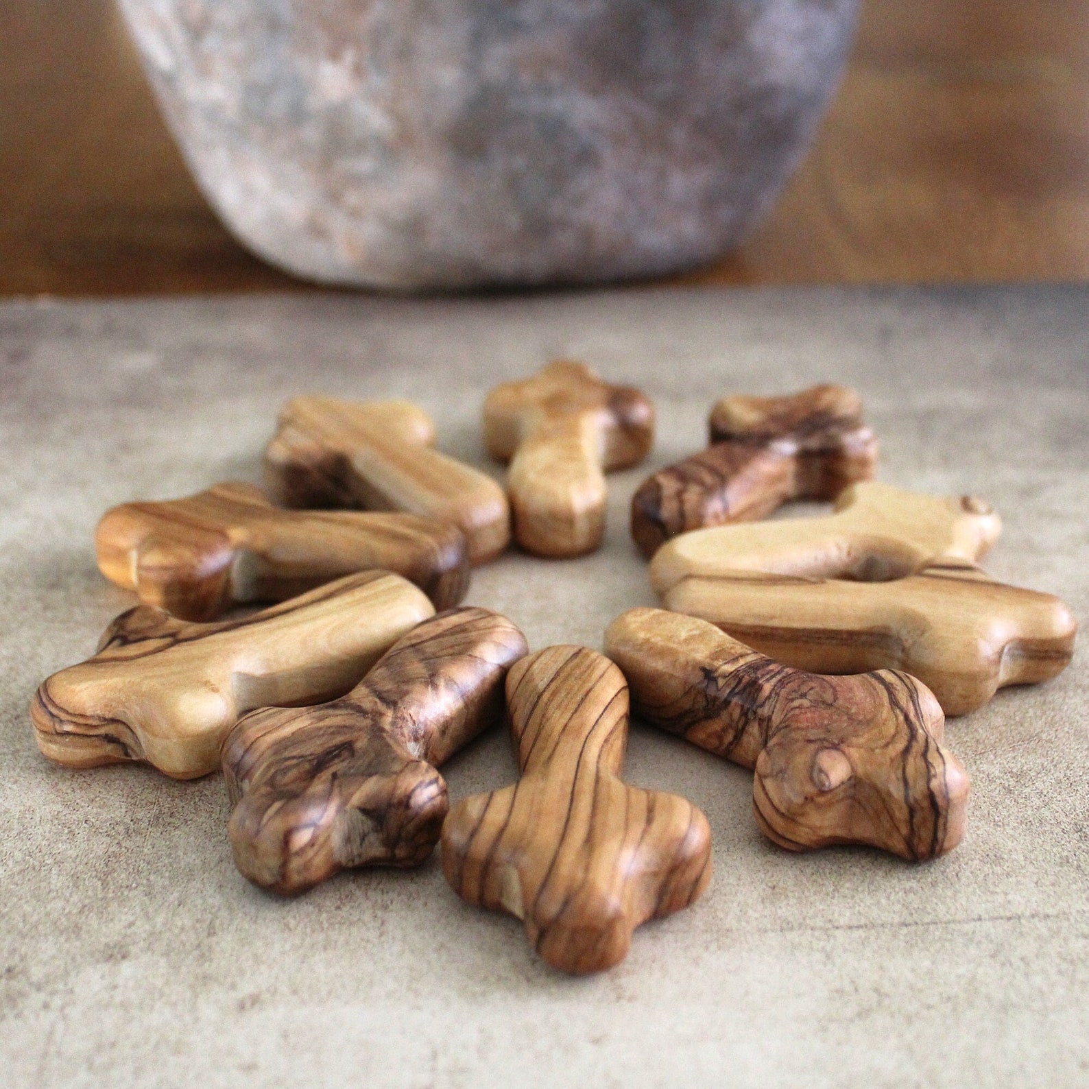 Set of 10 Olive Wood Comfort Crosses – 2.3