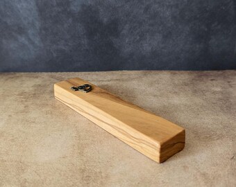 Handcrafted Olive Wood Mezuzah Bronze Shin: Jerusalem Judaica Gift