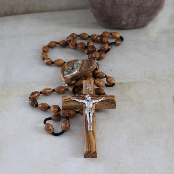 Grote handgemaakte rozenkrans heilige grote kralen geheiligde muur Rosario natuurlijke houten ketting Jesus Cross XL grote 44" inch houten kruisbeeld katholieke gift