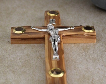 Crucifijo cristiano de madera de 6" de Tierra Santa, Jerusalén, cruz de madera de olivo hecha a mano, cruz católica, regalo para boda, regalo religioso
