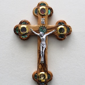 11&quot; Stylish Olive Wood Cross Perfect for Wall Hangings With Mother of Pearls Decoration, Religious Gift From Jerusalem the Holy Land