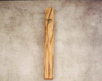 Handmade Olive Wood Mezuzah Case Bronze Shin: Jerusalem Judaica Jewish Gift