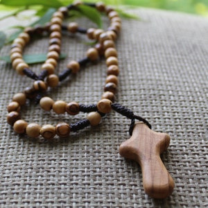 6-7mm Beads, Handmade Olive Wood Cross Beaded Necklace, Holy Land Smooth Round Prayer Beads, Gift for Him, Rosary Necklace Christian Gift