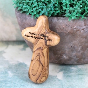 Personalized Olive Wood Comfort Cross: Baptism Gift, First Communion