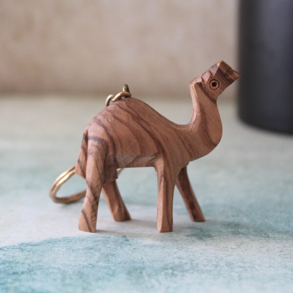 Olive Wood Camel Statue Keychain, Hand Carved Animal Keychain, Hand Made in Holy Land Jerusalem New Driver Keychain