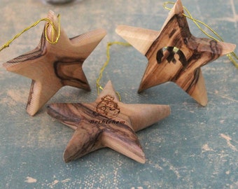 3D Olive Wood Star Ornaments for a Christmas Tree,  Ornament Made of Olive Wood in the Holy Land, Hand Carved Wooden Star Ornament