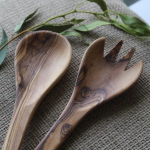 Med Handmade Olive Wood Serving Spoon & Fork Set, Wooden Utensils Made in Jerusalem, Hand Carved Wooden Cooking Spoon and Fork Kitchenware