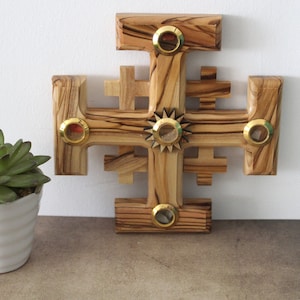 6.6&quot; Jerusalem Cross Made of Olive Wood in Jerusalem the Holy Land, Perfect Wooden Wall Cross for a New Home or for as a Religious Gift.