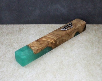 Large Olive Wood Epoxy Mezuzah Case: Handmade Jerusalem Jewish Home Blessing