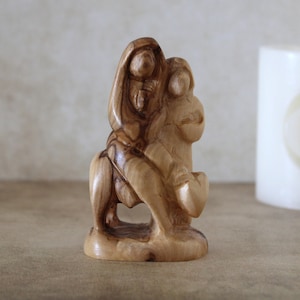 Hand Carved Faceless Wooden Sculpture of Joseph, Maria, and Jesus Fleeing to Egypt. Religious Gift, Home Decor & Christian Housewarming Gift