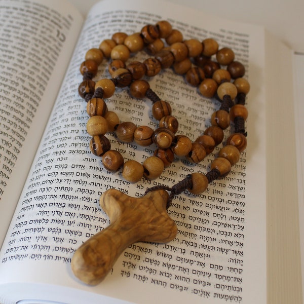 9-10mm Beads, Olive Wood Cross Beaded Necklace, Handmade Smooth Round Prayer Beads, Holy Land Gift for Her, Rosary Necklace Christian Gift