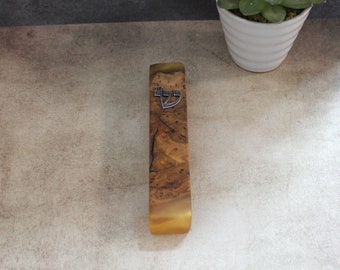 Olive Wood Mezuzah Case: Handmade Epoxy Accent, Jewish Home Gift