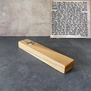 6.7&quot; / 17cm Olive Wood Mezuzah Case with Silver Shin & Scroll - Elegant Jewish Doorpost Blessing - New Home Gift