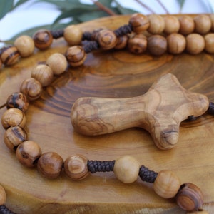 Get Two 7-8mm Beads, Olive Wood Cross Beaded Necklace, Handmade Smooth Round Prayer Beads, Holy Land Gift for Her, Rosary Necklace Christian