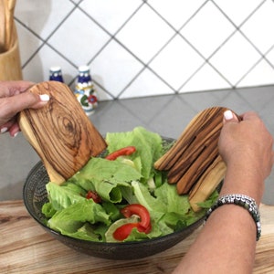 Rustic Handmade Kitchen Cooking Utensils, Salad Mixing Serving Olive Wood Utensils for Christmas Gifts or Mother’s Day Gift, Wooden Utensils