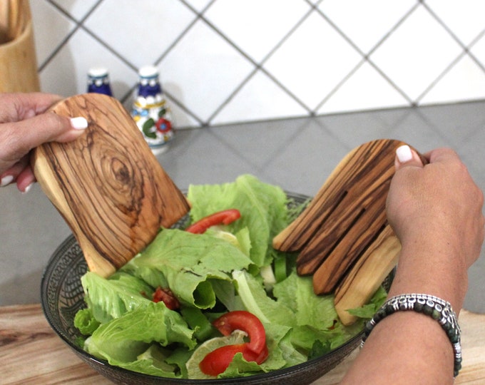 Rustic Handmade Kitchen Cooking Utensils, Salad Mixing Serving Olive Wood Utensils for Christmas Gifts or Mother’s Day Gift, Wooden Utensils