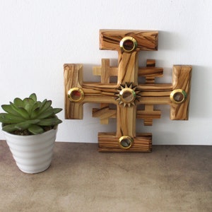 5.9&quot; Jerusalem Cross Made of Olive Wood in Jerusalem the Holy Land, Perfect Wooden Wall Cross for a New Home or for as a Religious Gift.