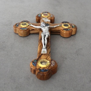 7&quot; Stylish Olive Wood Cross Perfect for Wall Hangings With Mother of Pearls Decoration, Religious Gift From Jerusalem the Holy Land