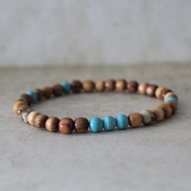Olive Wood and Jasper and Crystal Bead Stretch Bracelet - Handcrafted Hebrew Jewelry from Israel
