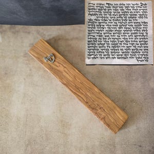 8.6&quot; / 22cm Olive Wood Mezuzah with Silver Shin & a Scroll, Handcrafted Jewish Door Blessing, Perfect Housewarming Gift, Traditional Judaica