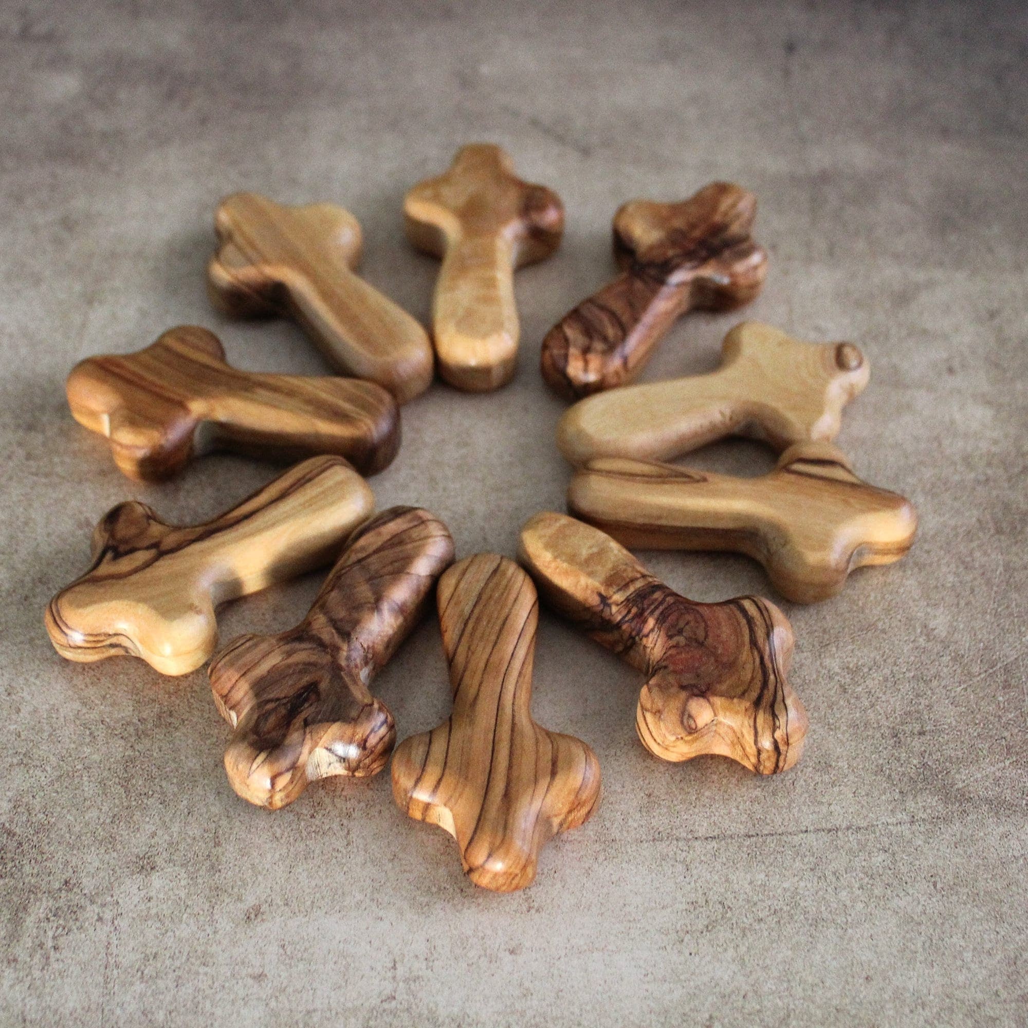 Set of 10 Olive Wood Comfort Crosses – 2.3