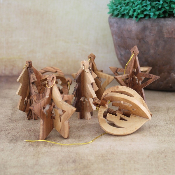 Set of 7 Olive Wood 3D Shape Christmas Tree Ornament, Nativity Christmas Tree Ornament, Olive Wood Ornament Handmade in Jerusalem