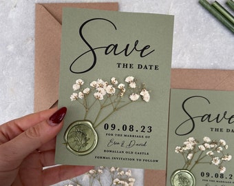 UNPERSONALISED SAMPLE Sage green gypsophila baby's breath wedding save the date