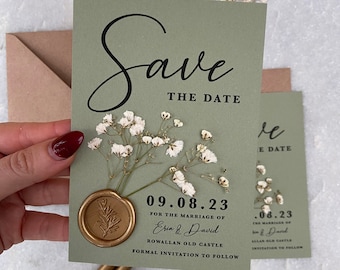 Sage green gypsophila baby's breath wedding save the date with gold wax seal