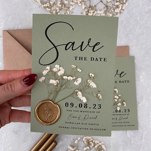 Sage green gypsophila baby's breath wedding save the date with gold wax seal