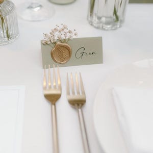 Sage Green and Gold Gypsophila wedding name place cards with wax seal