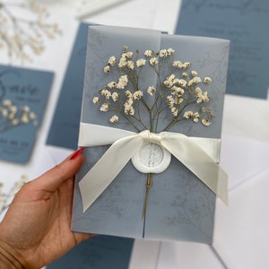 UNPERSONALISED SAMPLE Dusty blue wedding invitations with Gypsophila