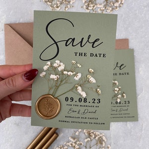 UNPERSONALISED SAMPLE Sage green and gold gypsophila baby's breath wedding save the date