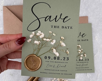 UNPERSONALISED SAMPLE Sage green and gold gypsophila baby's breath wedding save the date