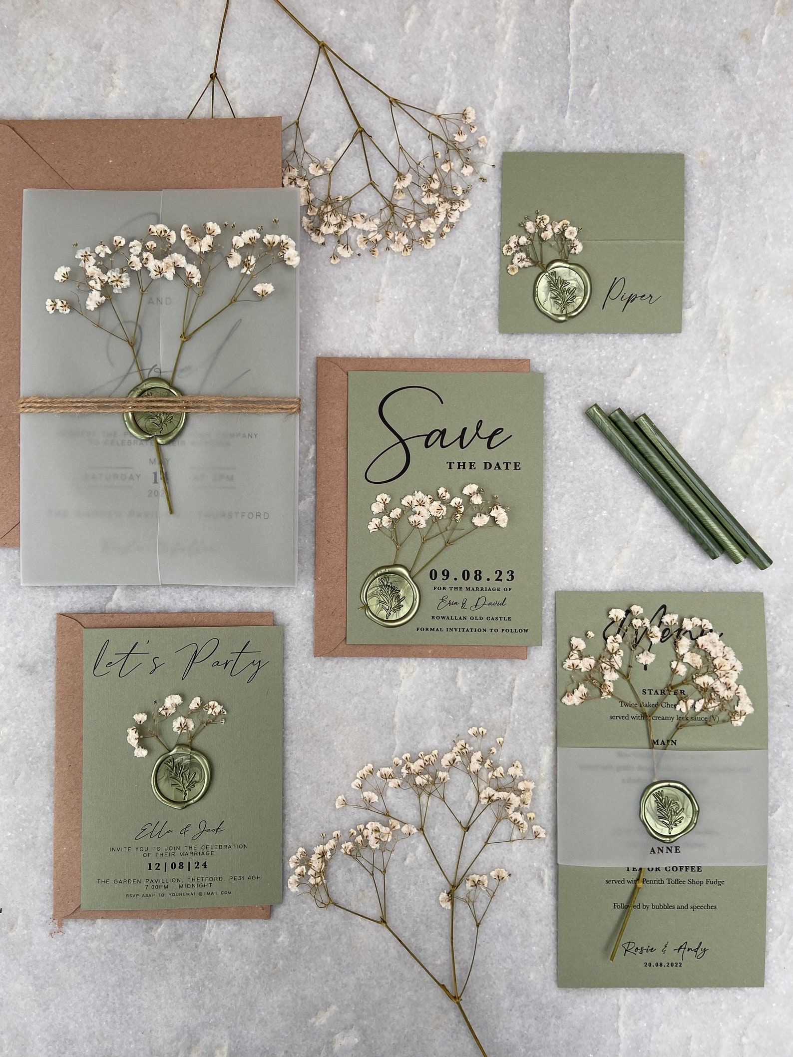 Sage Green Gypsophila Wedding Name Place Cards With Wax Seal Etsy