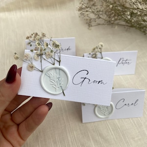 Gypsophila wedding name place cards with white wax seal
