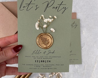 UNPERSONALISED SAMPLE Sage green and gold gypsophila evening invitation