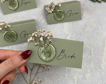 Sage Green Gypsophila wedding name place cards with wax seal