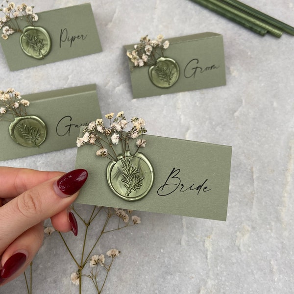 Sage Green Gypsophila wedding name place cards with wax seal