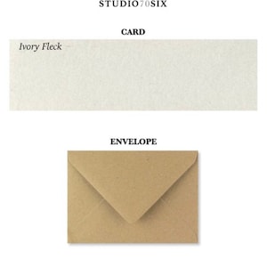 May include: A stationery set featuring a rectangular ivory fleck card and a brown envelope. The card has a textured surface, and the envelope is sealed. The text "STUDIO70SIX" and "CARD" are at the top, with "Ivory Fleck" on the card and "ENVELOPE" above the envelope.