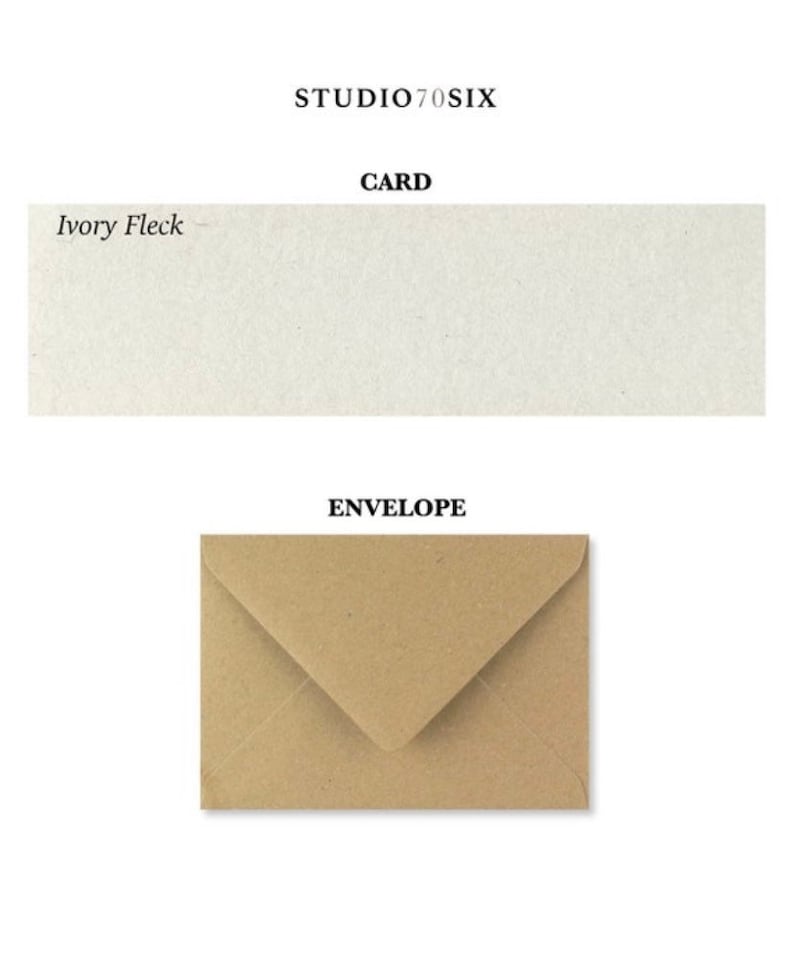 May include: A stationery set featuring a rectangular ivory fleck card and a brown envelope. The card has a textured surface, and the envelope is sealed. The text "STUDIO70SIX" and "CARD" are at the top, with "Ivory Fleck" on the card and "ENVELOPE" above the envelope.