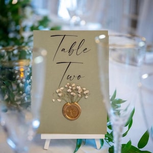 Sage Green and Gold Gypsophila table number with wax seal