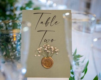 Sage Green and Gold Gypsophila table number with wax seal