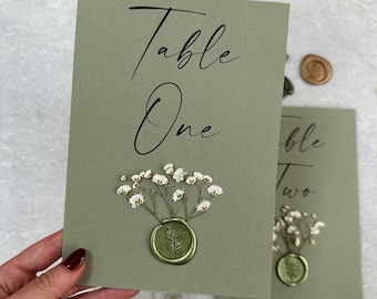 Sage Green Gypsophila table number with wax seal