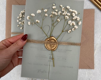 UNPERSONALISED SAMPLE LISTING Sage Green and Gold Gypsophila Floral Invitation