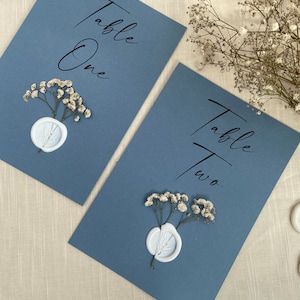 Dusty Blue Gypsophila table number with wax seal