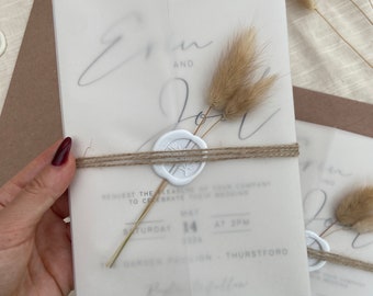 Luxury bunny tails wedding invitations with twine and wax seal