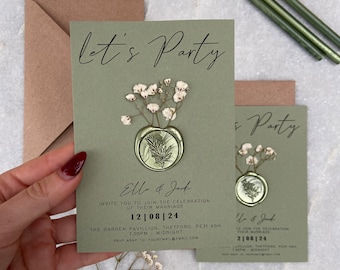 Sage Green Gypsophila evening wedding invitation with wax seal