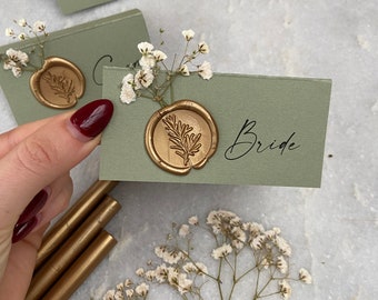 Sage Green and Gold Gypsophila wedding name place cards with wax seal